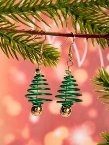 2pcs Christmas Creative Multi-Layer Spring Star Earrings, Fashion Christmas Tree Stud Earrings, Fashion Spiral Christmas Tree Dangle Earrings, Gold-Plated Green Enamel Star Top Dangle Earrings, Holiday Party Jewelry Designed For Women - Multicolor - View 5
