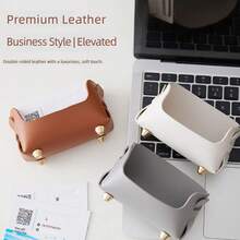 1pc Desktop Storage Card Box, Business Card Holder, PU Leather Business Card Case Pocket Card Holders, Card Storage Box, Office Supplies, Office Decor Ornament, Back To School - A - View 5