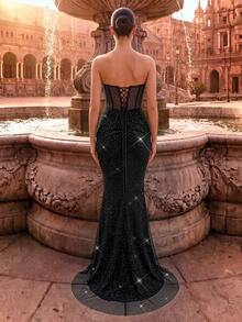 LUVISTRUE Women's Elegant Rhinestone Mermaid Formal Evening Gown, Strapless Bridesmaid Ball Wedding Guest Spring/Summer Cocktail Party Gala Long Dress Fall - Black - View 4