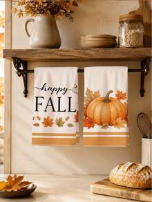 2PCS Kitchen Towels HAPPY FALL Autumn Pumpkin Print 40*60cm Minimalist Style Rectangular Microfiber Kitchen Towels, Dish Cloths, Tablecloths, Hand Towels, Bathroom Kitchen Decor, Home Decor, Housewarming Gift For Neighbors, Perfect For Kitchen And Bathroom Use, Suitable For Housewives And Family Gatherings, High Cost-Performance, Essential Home Item - Orange - View 1