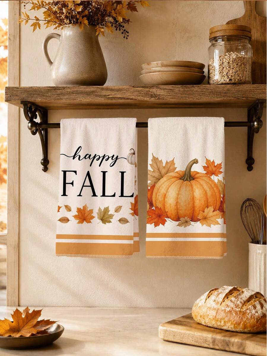 2PCS Kitchen Towels HAPPY FALL Autumn Pumpkin Print 40*60cm Minimalist Style Rectangular Microfiber Kitchen Towels, Dish Cloths, Tablecloths, Hand Towels, Bathroom Kitchen Decor, Home Decor, Housewarming Gift For Neighbors, Perfect For Kitchen And Bathroom Use, Suitable For Housewives And Family Gatherings, High Cost-Performance, Essential Home Item - Orange - View 1