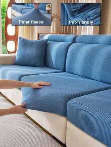 1pc Solid Color Elastic Sofa Cover, All-Season Warm & Comfortable Minimalist Ins Style Pet-Friendly Stretch Slipcover, Machine Washable Universal Sofa Protector For Living Room Bedroom Study, 1-2-3-4 Seater With Armrests & Backrest - Blue - View 1
