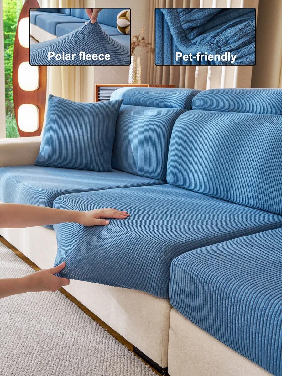1pc Solid Color Elastic Sofa Cover, All-Season Warm & Comfortable Minimalist Ins Style Pet-Friendly Stretch Slipcover, Machine Washable Universal Sofa Protector For Living Room Bedroom Study, 1-2-3-4 Seater With Armrests & Backrest - Blue - View 1