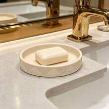 Sandstone Bathroom Accessory Set, Rhombus Grid Embossed Pattern, Countertop Decor Kit, Includes Soap Dispenser, Soap Dish, Storage Tray - Yellow Sand Plaid Suit - View 10