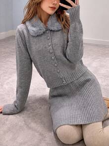 Bộ áo cardigan len cổ lông giả màu xám và chân váy gân cho nữ, thời trang cài nút trước, trang phục thu/đông - Xám - Xem 5