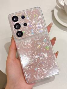 Stylish Blingbling Glitter Heart Shell Pattern Phone Case Compatible With Samsung Galaxy S26 Ultra S25 Ultra S24 Ultra S22 S23 Ultra Large Window Laser Soft Cover - Pink - View 3