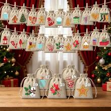 CARRIECUR 24Pcs Christmas Advent Calendar Bags, Simple Color Block Xmas Elements Linen Drawstring Gift Pouches With Number Print, Wooden Clothespins & Jute Twine, DIY Xmas Countdown Candy Treat Gift Sacks - View 8