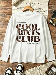 大尺碼女款豹紋「Cool Aunts Club」字母印花長袖T恤，中等彈性圓領寬鬆版型幽默休閒秋季上衣 - 白色 - 查看 7