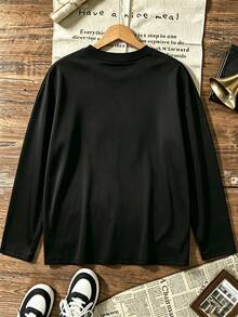 Plus Size Women's Leopard "Praise The Lord" Faith Letter Graphic Long Sleeve Tee, Moderate Stretch Crewneck Loose Christian Casual Fall Top - Black - View 6