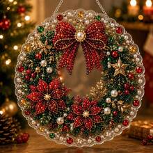 Christmas Pearl Diamond Painting Suncatcher Set 8 Inch, Pre-Assembled Metal Chain, Acrylic Round Plate With Lace Edge, 3D Mixed Size Pearl Beads, Holiday Window Wall Decor - A - View 27