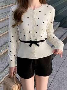 Autumn/Winter Vintage Polka Dot Knit Cardigan, Wavy Ruffle Placket With Black Bow, Sweet And Soft Preppy Style - Apricot - View 5
