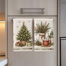 2PCS Kitchen Towels, Vintage Christmas Tree & Berry Pattern Dish Cloths, 40*60cm Rectangular Microfiber Cleaning Towels, Perfect For Kitchen, Dining Room & Bathroom Use, Kitchen Decor, Home Decoration, Housewarming Gift For Neighbors, Scouring Pads - Multicolor - View 6