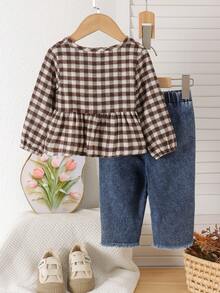 2pcs Baby Girl Casual Vintage Plaid Top & Embroidered Denim Pants Set, Thin For Spring/Autumn - Multicolor - View 3