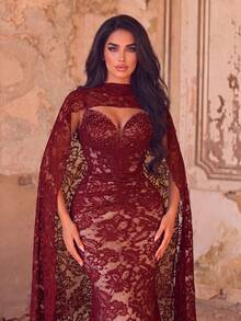 Faeriesty Women's Charming Strapless Mermaid Long Lace Formal Dress, Pearl Embellished Backless Design, Suitable For Prom And Evening Party - Burgundy - View 9