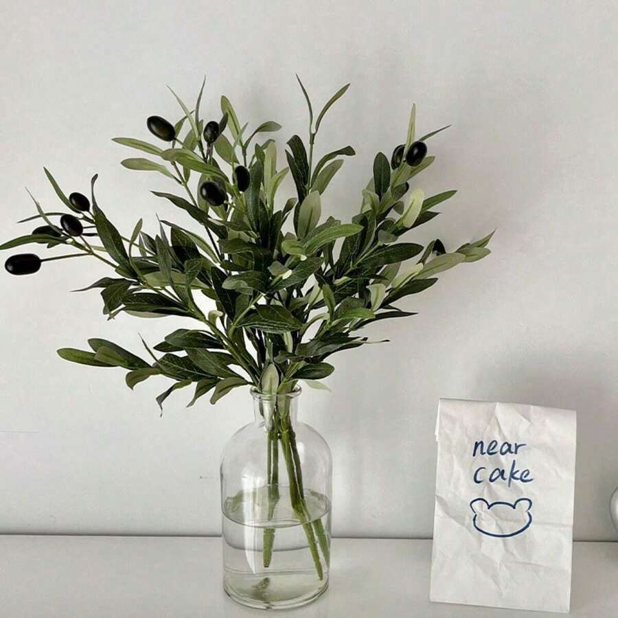 Single Stem Artificial Olive Branch, Green Plant Stem, Olive Leaves, Artificial Fruit, Silk Plant, Artificial Olive Branch Green Plant Stem, Vase Decoration, Home Decor, Indoor Artificial Greenery, Wedding Bouquet, Archway 1/3/5pcs - Olive Green - View 1