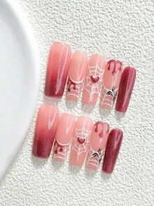 10件組萬聖節主題甜美風手工穿戴甲 Poly Gel 美甲套組，蜘蛛、蜘蛛網、愛心圖案，粉色與白色，粉色哥德風，含美甲工具，3種尺寸可選，杏仁/鴨嘴/棺材形，適合派對、舞會、日常配戴 - 彩色 - 查看 4