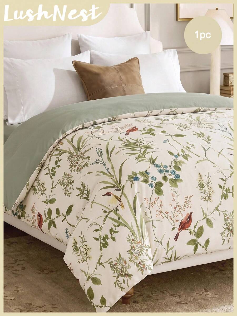 1pc Fresh Floral, Bird And Foliage Print Bedding – 1 Duvet Cover (No Insert), Soft Polyester, Breathable & Machine Washable, Modern American Farmhouse Style - Multicolor - View 1