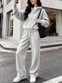Women's Casual Grey Full Zip Hoodie And Matching Sweatpants Set, 2 Pieces Sportswear, Suitable For Daily Wear, Fabric With Slight Stretch - Grey - View 2