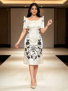 Modern Attire Dress Elegant Butterfly Sleeves Printed Women's Short Sleeve Dress - Champagne - View 4