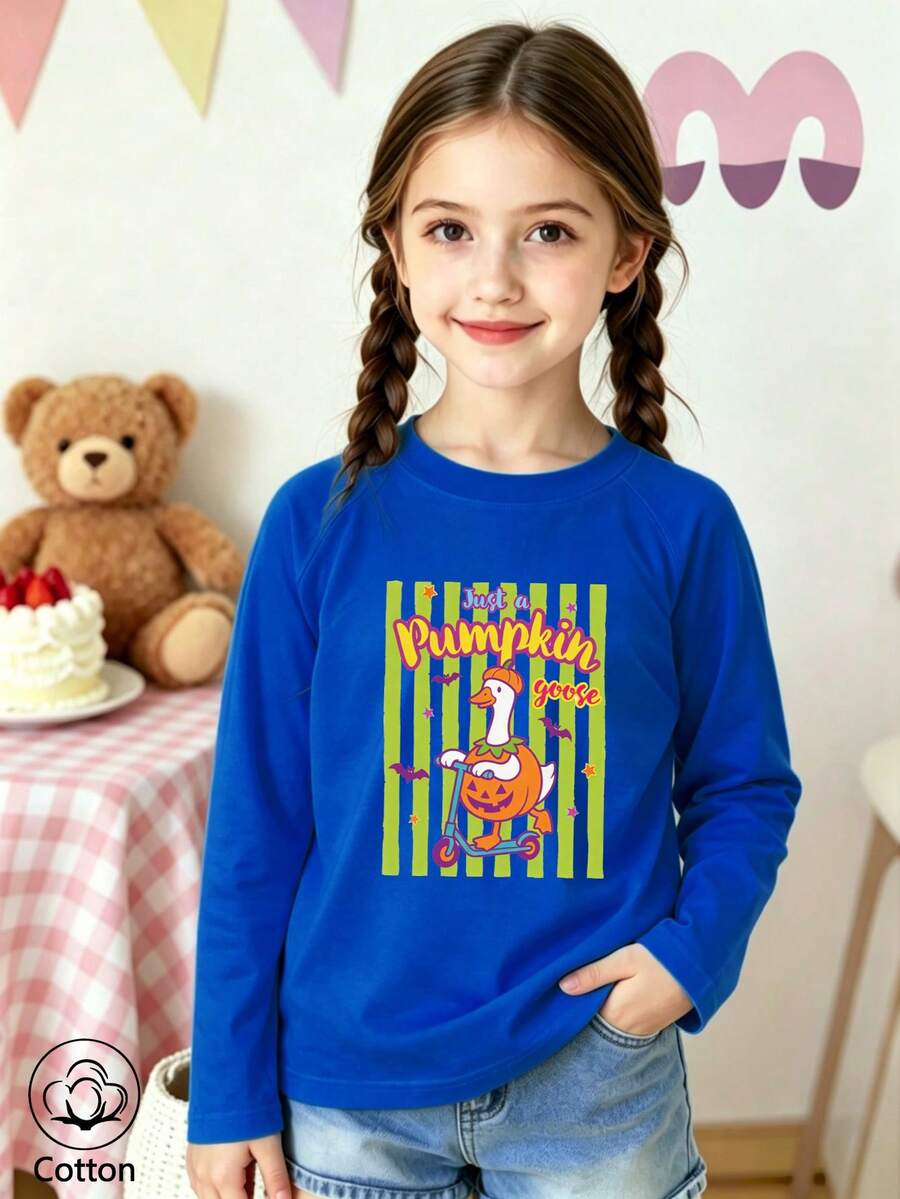 Halloween Girls Cotton Raglan Long Sleeve T-Shirt, Cartoon Pumpkin Skateboard Print, Cute Sweet Preppy Style - Colorful Orchid - View 1