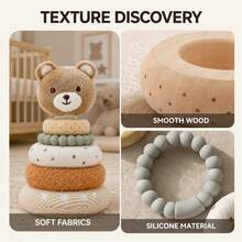 1pc Plush Animal Stacking Ring Toy, Bear/Rabbit/Dinosaur Soft Fabric Stacking Rings With Cotton Base, Multi-Material Tactile Rings For Baby Sensory Development And Early Education, Toddler Educational Toy, Baby Gift - Mocha Brown - View 8