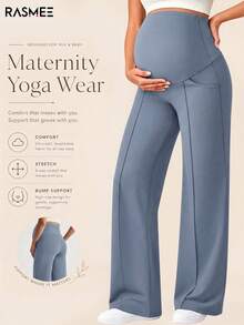 1pc Women's Maternity Pants, With Pockets, Elastic Waistband Doesn't Constrict Belly, Dual Pockets Convenient For Carrying Items - Dusty Blue - View 1