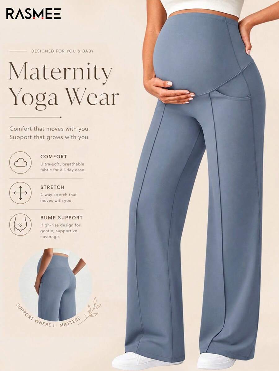 1pc Women's Maternity Pants, With Pockets, Elastic Waistband Doesn't Constrict Belly, Dual Pockets Convenient For Carrying Items - Dusty Blue - View 1