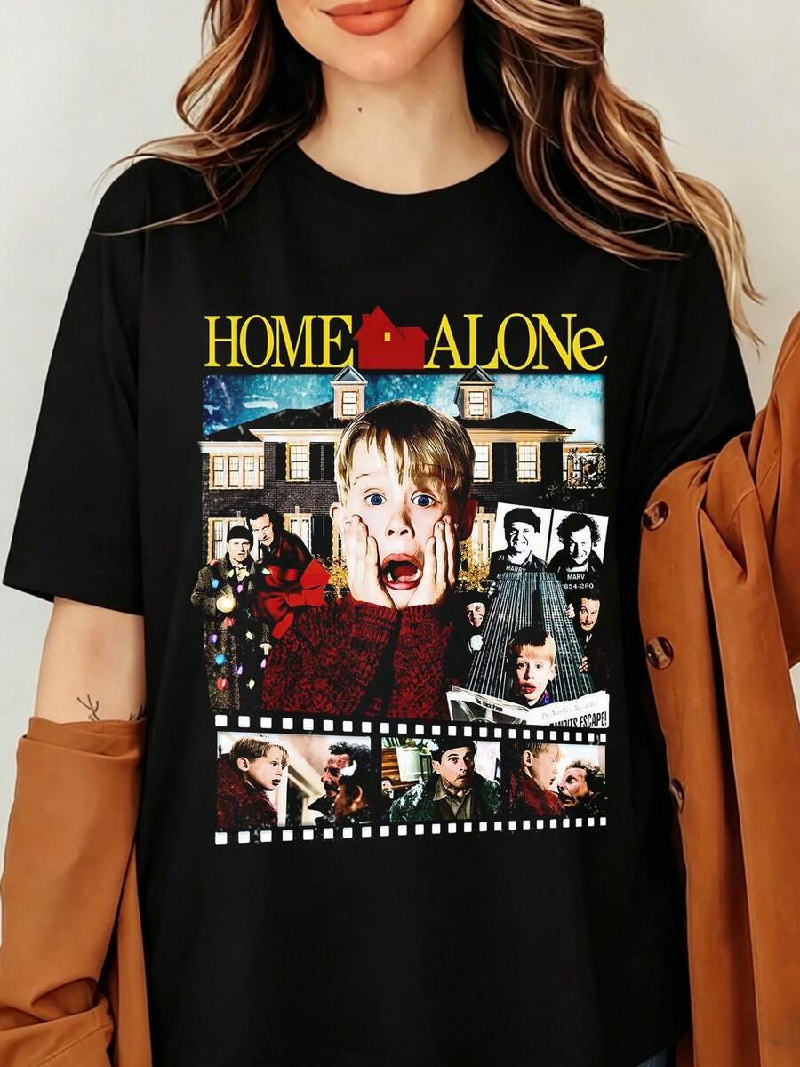 Home Alone Kevin Mccallister Retro Graphic T‑Shirt, Funny Meme Casual Movie Tee, Unisex Christmas Film Fan Gift Tee - 黑色 - 查看 1