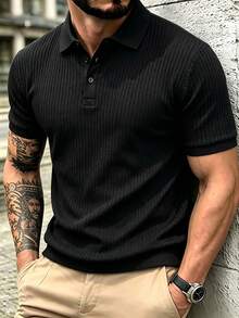 Men's Vertical Ribbed Knit Short Sleeve Polo Shirt, Slim Fit Casual Streetwear Top - Black - View 3