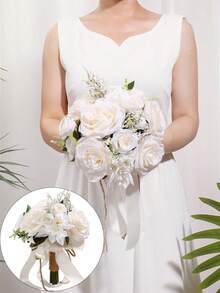 White Pearl Tulip Bridal Bouquet(8.66inch)With Pearl Decoration, Lace Bow Artificial Flower For Wedding Party Prom Gift - Multicolor - View 19