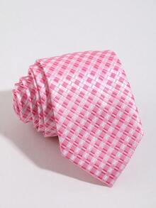 1pc Unisex Pink & White Fine Plaid College Style Shirt With Slim Tie Accessory - Multicolor - View 1