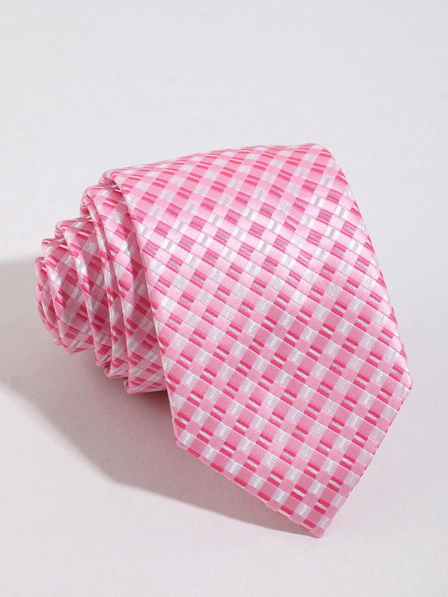 1pc Unisex Pink & White Fine Plaid College Style Shirt With Slim Tie Accessory - Multicolor - View 1