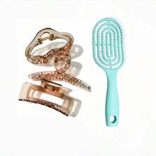 Sisir Rambut Macaron dengan Desain Rusuk Berongga, Dapat Digunakan Basah & Kering, Sikat Pijat Praktis untuk Perawatan Rambut di Rumah, Set Sisir Aksesori Rambut - 1 buah sisir tipe O + 3 buah jepit rambut - View 2