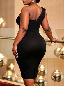 Plus Size Women's Black One-Shoulder Fitted Knee-Length Dress, Rhinestone Trim Asymmetrical Ruffle Hem, Elegant Sexy Summer Party Wedding Guest Dress - Black - View 3