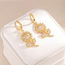 Multi-Style Sunflower Zirconia Ear Drops, Shiny Sunflower Ear Clips, Niche Luxury Floral Earrings For Women's Daily Wear Accessories - Sunflower Hoop Earrings - View 4