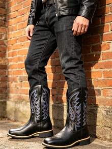 Striped Western Style Faux Leather Texture Cowboy Boots, Outdoor Wear For Men All Seasons - Black - View 11