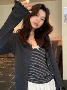 Spring/Autumn Frill Trim Knit Cardigan & Striped Camisole 2 Pieces Set, Slimming Layered Outfit For Women, Versatile Style - Dark Grey - View 5
