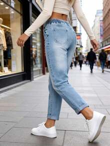 Women's Casual Contrast Color Drawstring Waist Slim Fit Versatile Jeans Fall - Light Wash - View 3