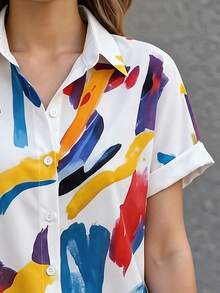 Abstract Color Block Art Print Plus Size Women's Button Down Short Sleeve Shirt Blouse Vacation Summer - Multicolor - View 7