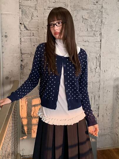 Women's Contrast Polka Dot Heart Button Lapel Knit Cardigan, Lazy Sweet Style Minimalist Versatile Sweater Jacket Top, Autumn/Winter