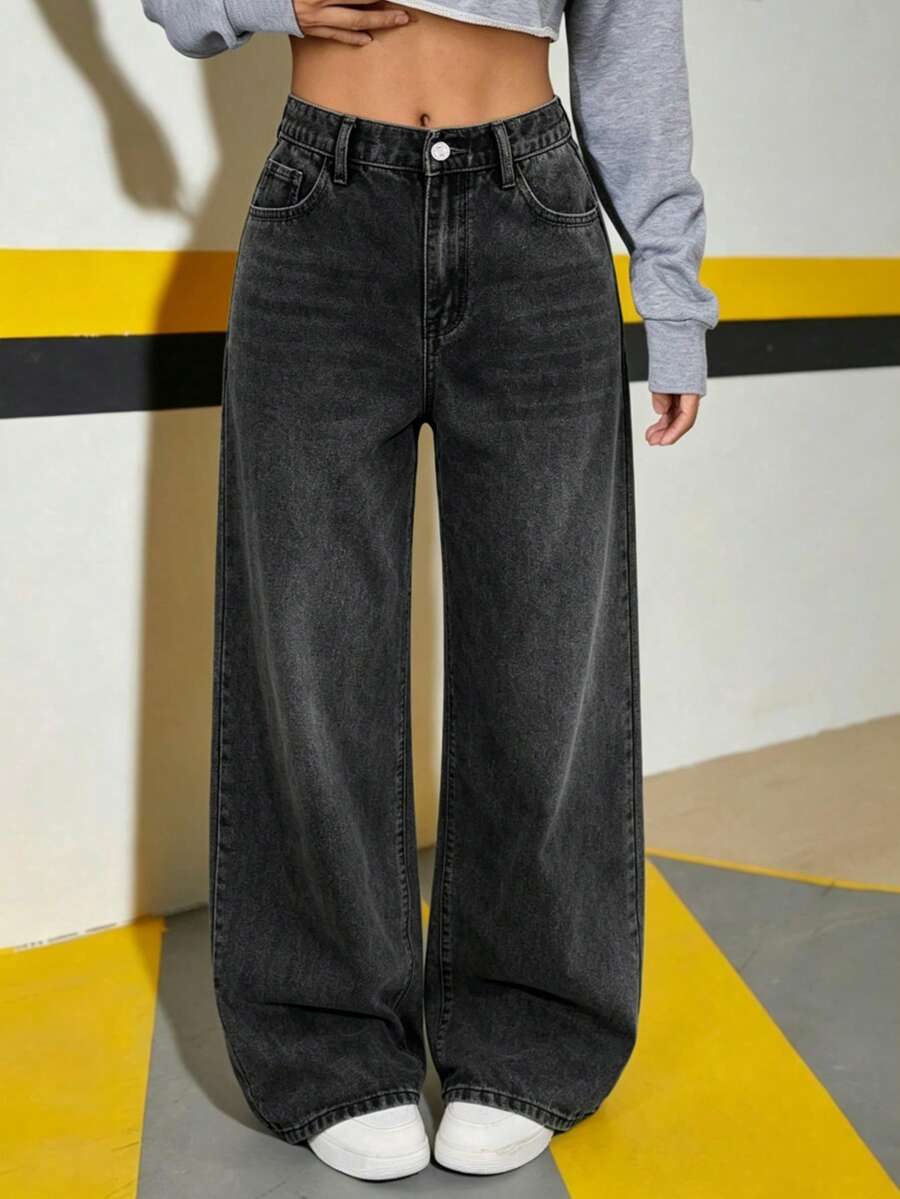 Girls' Casual Straight Leg Denim Jeans With Front Button And Pockets, Everyday Wear - Black - View 1