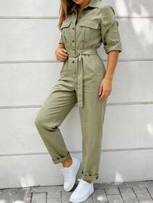 Women's Elegant Casual Solid Color Collared Long Sleeve Cinched Waist Waist Fashion Daily Jumpsuit - Olive Green - View 5