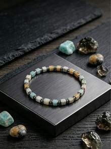 Men's Square Natural Stone Bead Elastic Bracelet, Vintage Stackable Stretch Wristband, Casual Daily Accessory - Bracelet - View 4