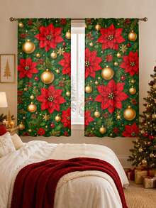 2pcs Christmas Holiday Theme Decorative Curtains, Christmas Poinsettia, Gold Christmas Ball Pattern, Suitable For Home Decor, Window Decoration, Christmas Holiday Home Atmosphere Decoration - Multicolor - View 1
