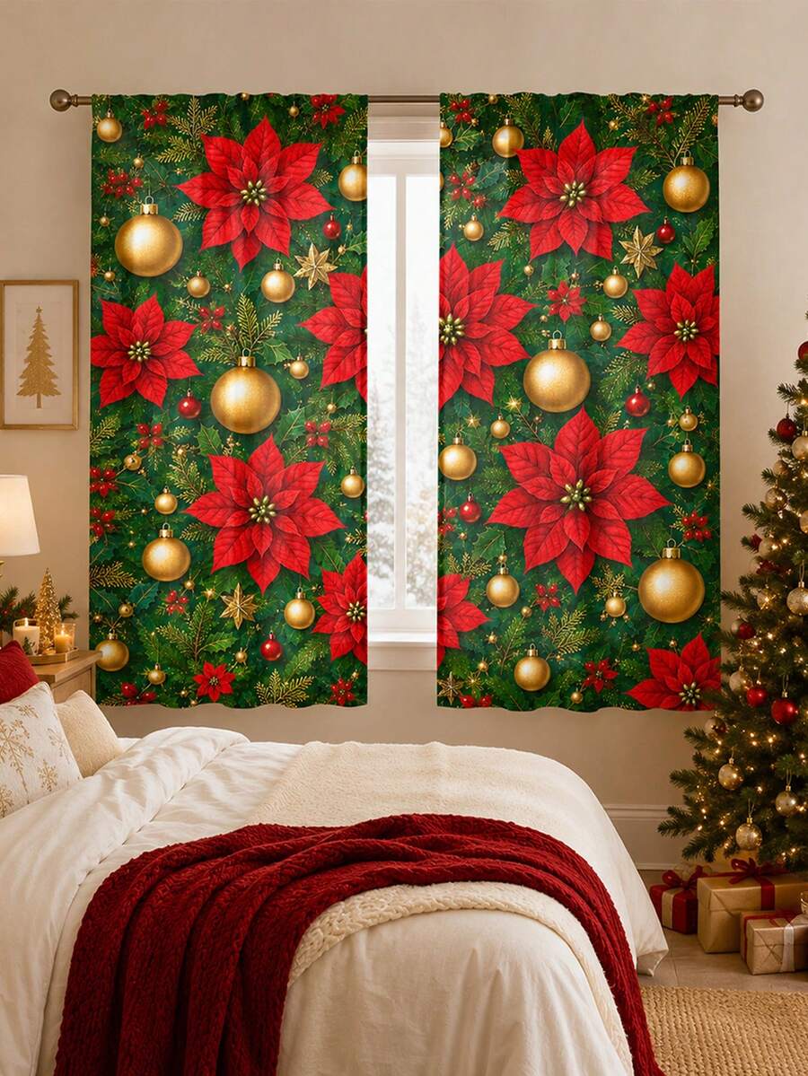 2pcs Christmas Holiday Theme Decorative Curtains, Christmas Poinsettia, Gold Christmas Ball Pattern, Suitable For Home Decor, Window Decoration, Christmas Holiday Home Atmosphere Decoration - Multicolor - View 1