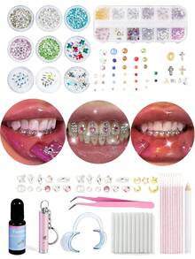 1 Set/37pcs Holiday Party Outfit Accessories, Easily Match Different Styling Styles, Personalized Teeth Sparkling Rhinestone Set, Suitable For Daily, Party, Valentine's Day, Gathering Outfits, Unisex (Glue Not Included, Box Included) - 37PC Multi-color Set - View 1