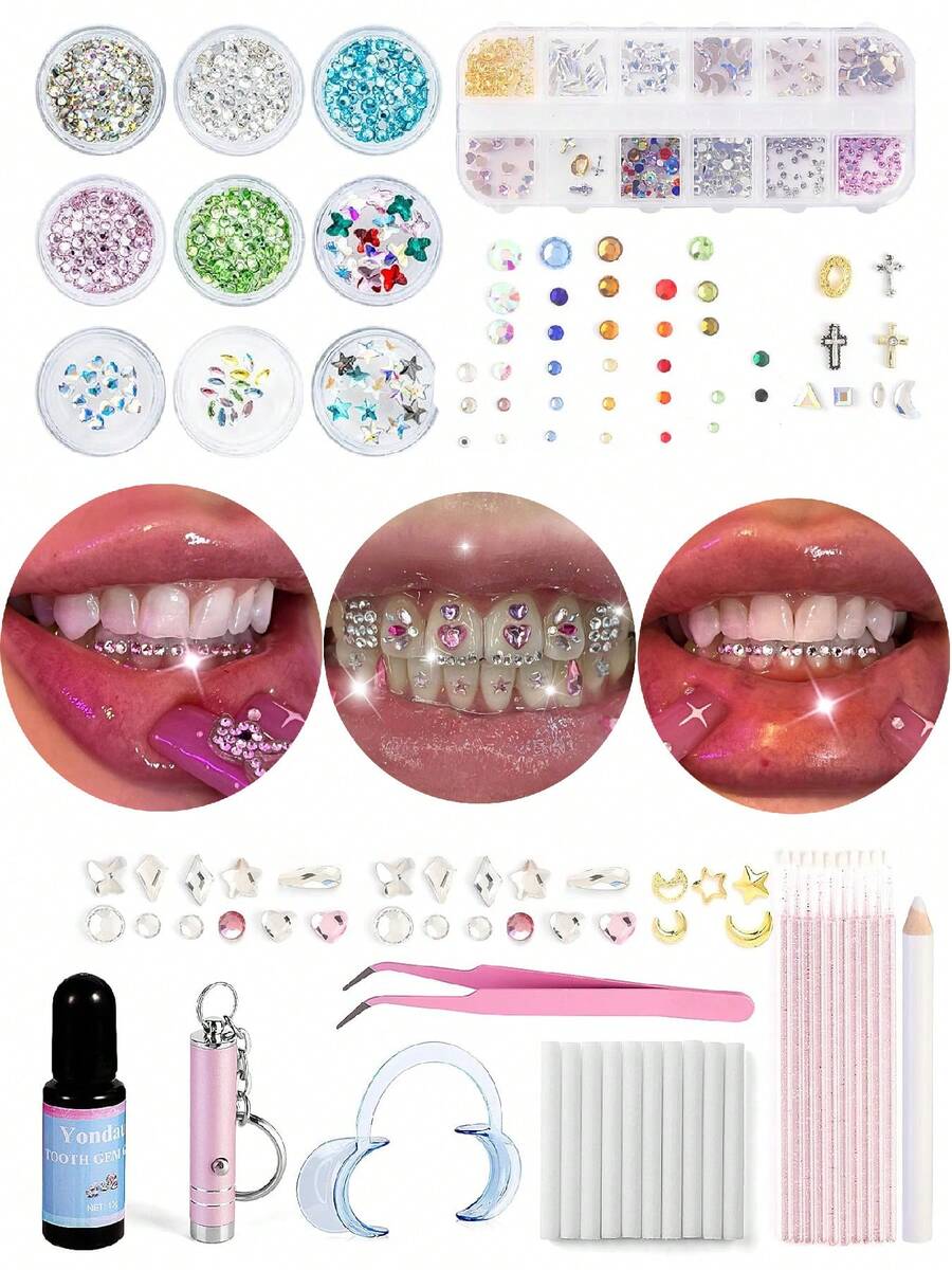 1 Set/37pcs Holiday Party Outfit Accessories, Easily Match Different Styling Styles, Personalized Teeth Sparkling Rhinestone Set, Suitable For Daily, Party, Valentine's Day, Gathering Outfits, Unisex (Glue Not Included, Box Included) - 37PC Multi-color Set - View 1