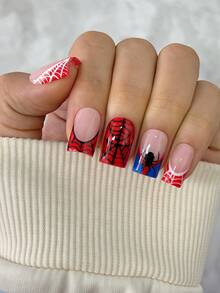 10pcs/Set Y2K Nails Handmade, Cute Nails, Pink Nails, Red Nails, Black Spider Nails & Black Spider Web Nails, Perfect For Parties & Daily Wear. Short Square Nails. Handmade Press On Nails Square, Fake Nails, Acrylic Nails, Short Nails, Handmade Nails - Multicolor - View 3
