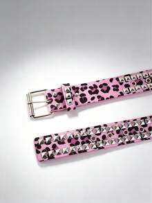 1pc Double Row Pyramid Studded Pink Fuzzy Leopard Belt Women Y2K Punk Decorative Waist Belt - Multicolor - View 6
