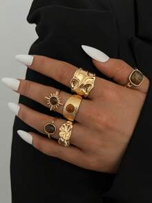 13pcs/7pcs/6pcs Vintage Elegant Casual Women's Colorful Gemstone & Brown Tiger Eye Asymmetrical Geometric Sun Multi-Element Gold Ring Set, Suitable For Autumn/Winter Daily Wear, Party, Vacation, Holiday Gift - Gold - View 7